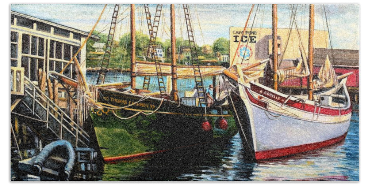 Schooners Beach Towel featuring the painting Lannon and Ardelle Gloucester MA by Eileen Patten Oliver