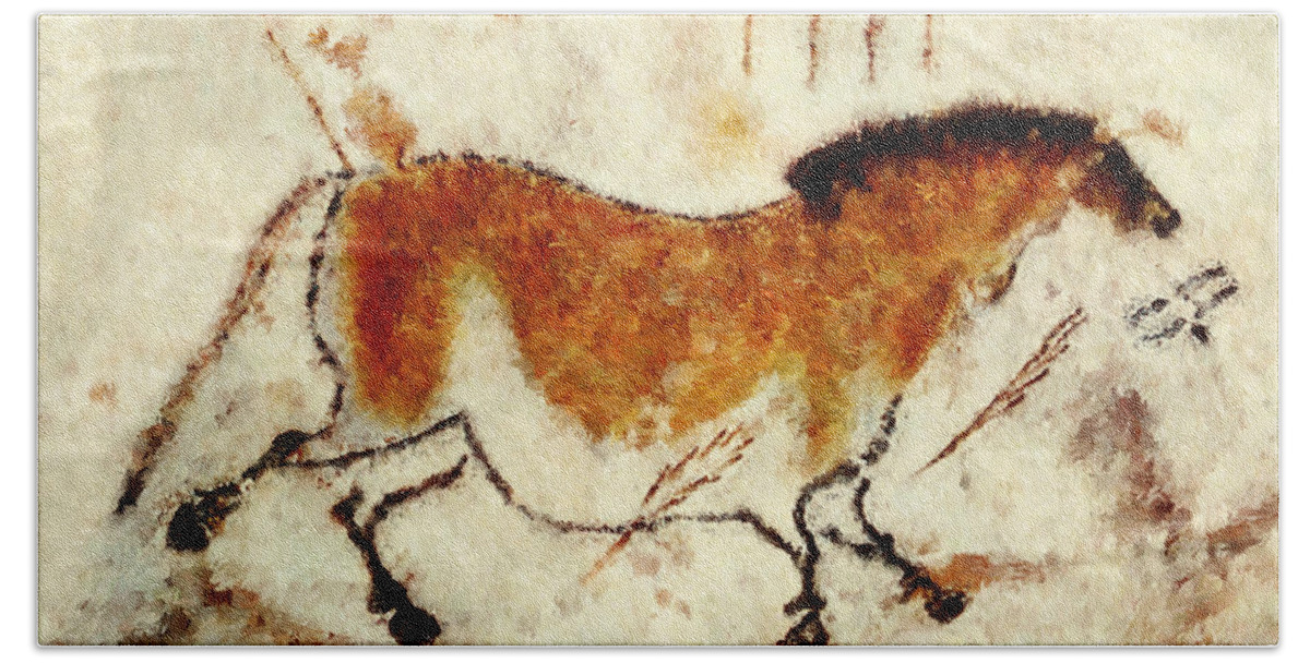 Lascaux Prehistoric Horse Beach Towel featuring the digital art Lascaux Prehistoric Horse by Weston Westmoreland