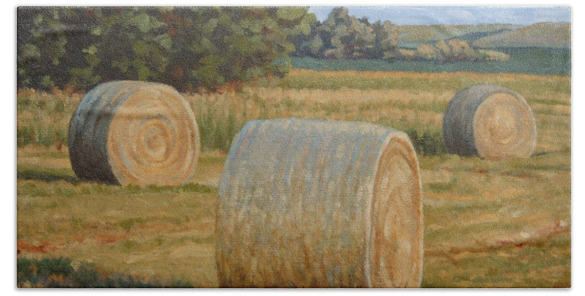 Landscape Beach Towel featuring the painting Late Afternoon Bales - Plein Air by Bruce Morrison