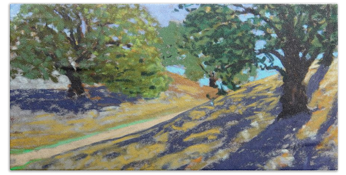 Landscape Beach Towel featuring the painting Late Light's Shadows by Gary Coleman