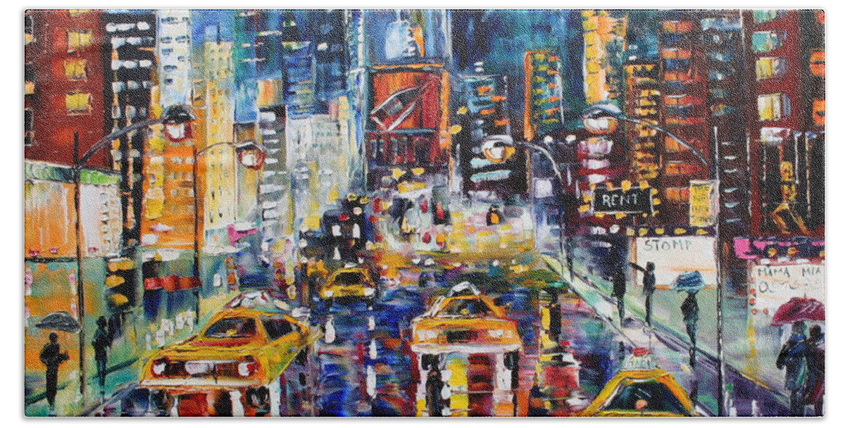 Times Square Beach Towel featuring the painting Late Night Times Square NY by Karen Tarlton
