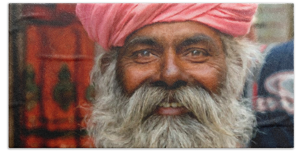 Laughing Man Beach Sheet featuring the painting Laughing Indian man in turban by Vincent Monozlay