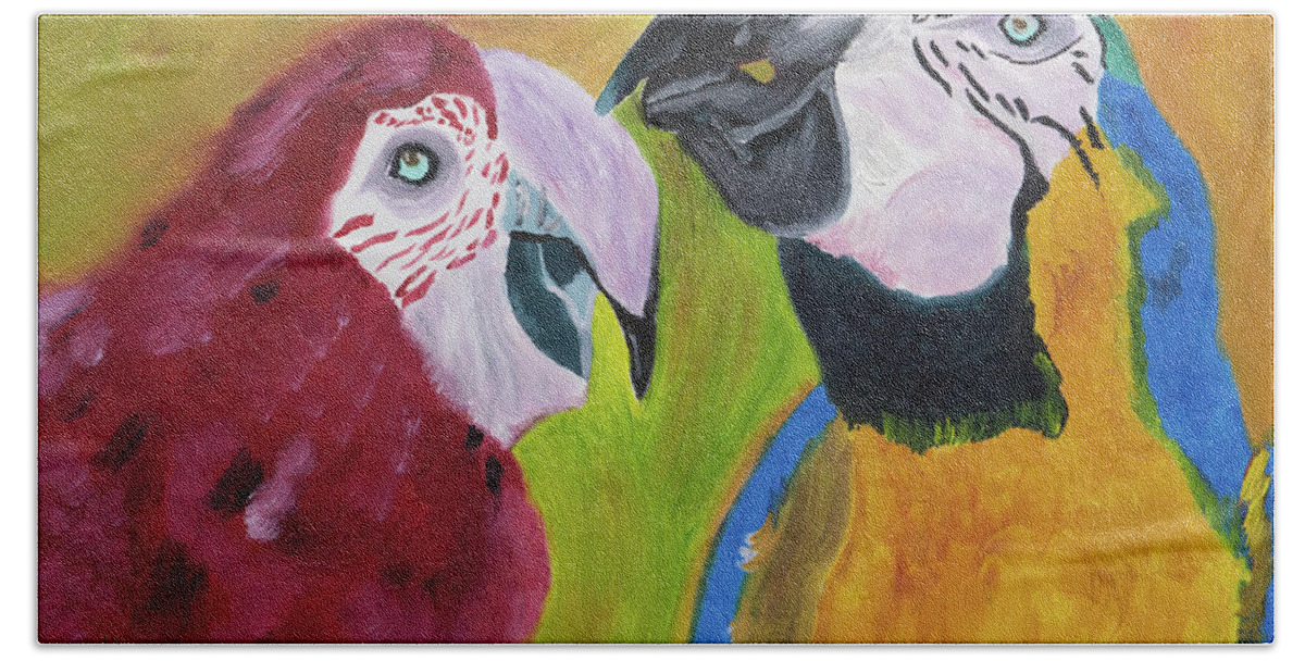 Macaw Parrots Beach Sheet featuring the painting Language of Love by Meryl Goudey