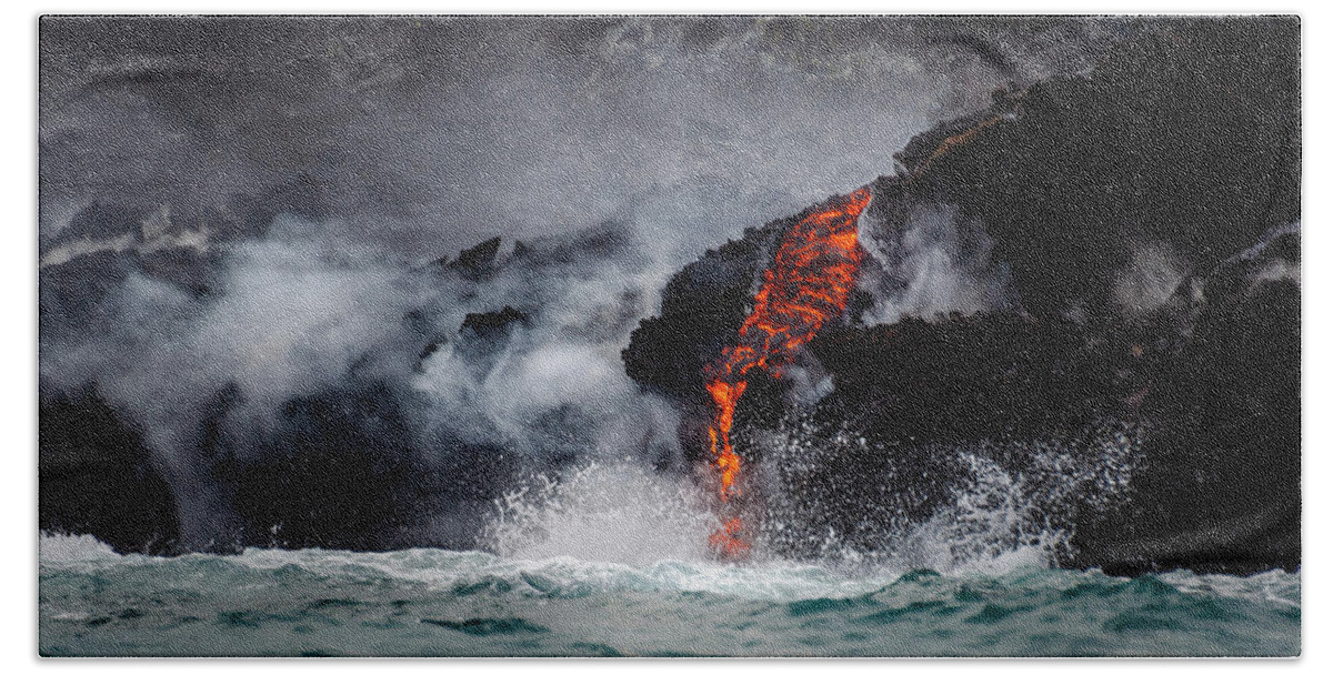 Lava Beach Towel featuring the photograph Lava Dripping into the Ocean by Daniel Murphy
