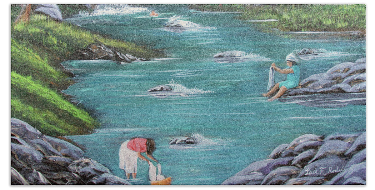 Quebrada Beach Towel featuring the painting Lavando Ropa  Washing Clothes by Luis F Rodriguez