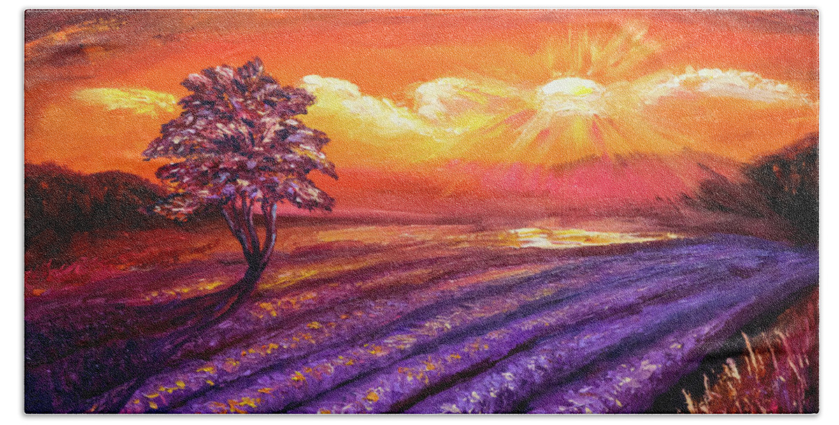 Lavender Beach Towel featuring the painting Lavender field at Sunset by Lilia S