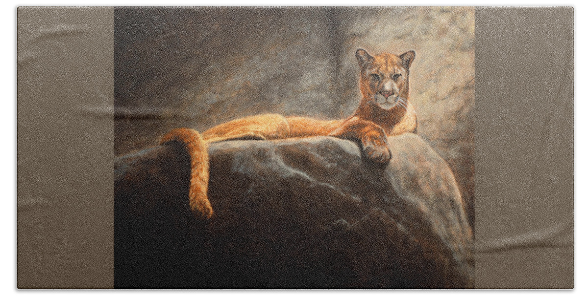 Cougar Beach Towel featuring the painting Laying Cougar by Linda Merchant