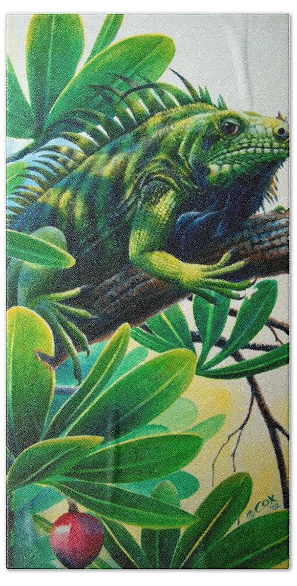 Iguana Beach Sheet featuring the painting Lazin' Iguana by Christopher Cox