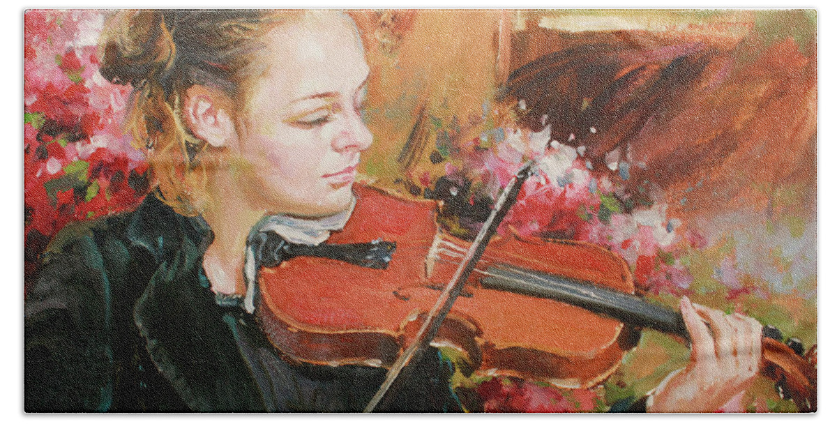 Violin Beach Towel featuring the painting Learning The Violin by Conor McGuire