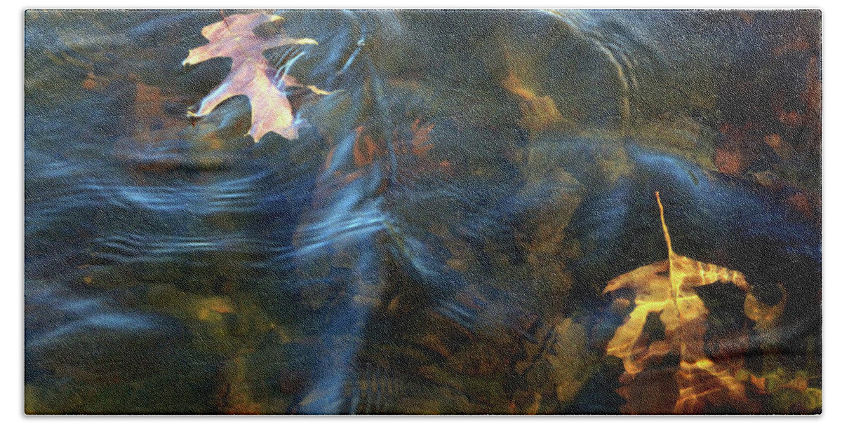 Leaves Beach Towel featuring the photograph Autumn Leaves In Shallow Water With Ripples by Cora Wandel