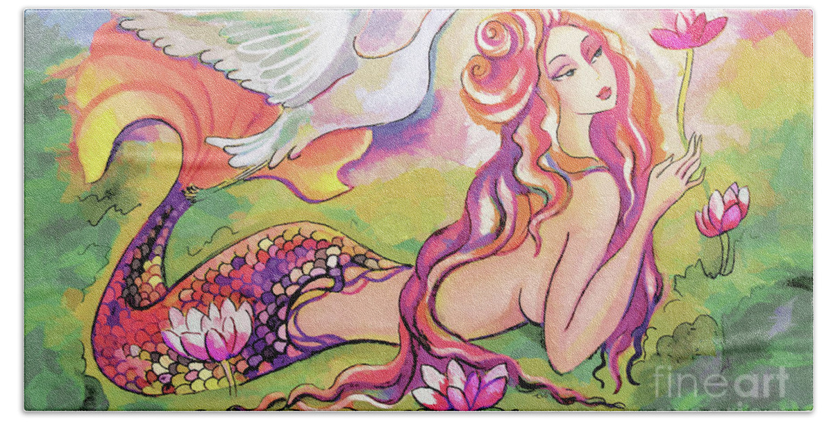 Sea Goddess Beach Towel featuring the painting Mermaid Leda and the Swan by Eva Campbell