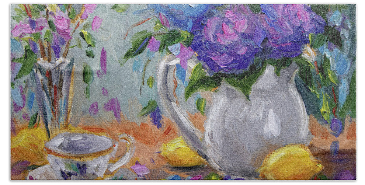Lemons With Purple Hydrangeas Beach Sheet featuring the painting Lemons and Purple by Jennifer Beaudet