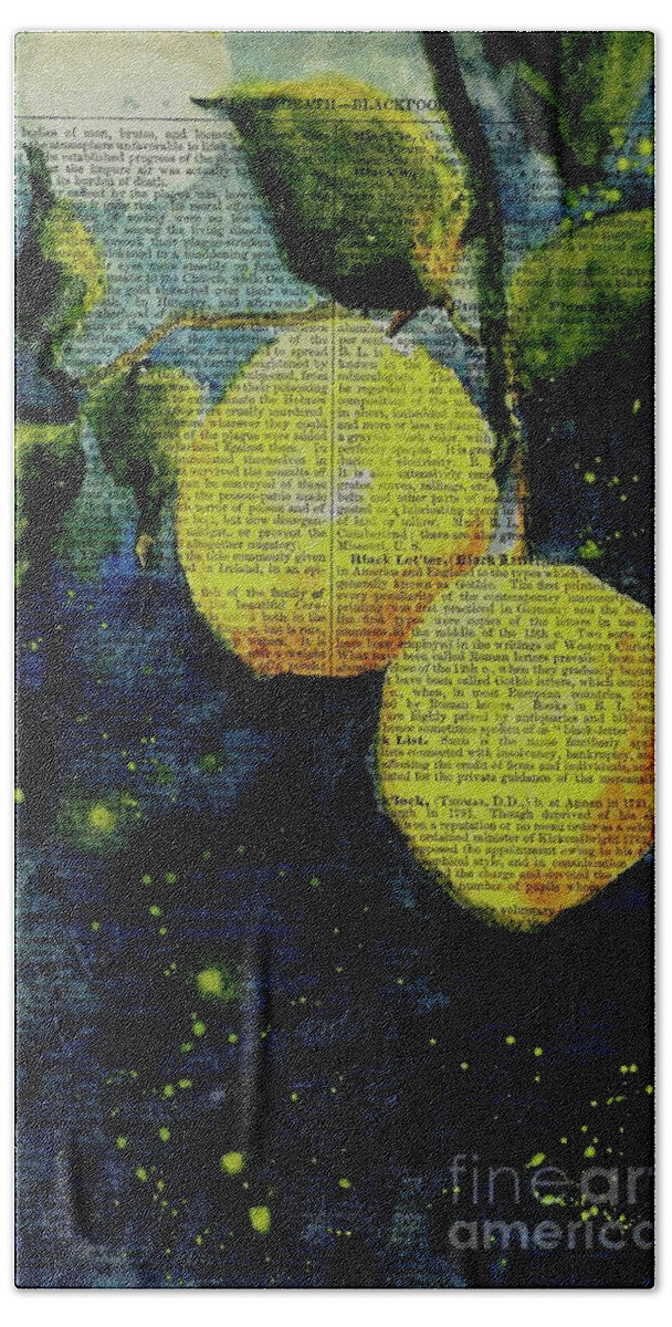 Moonlight Beach Towel featuring the painting Lemons Bathed in Moonlight by Maria Hunt