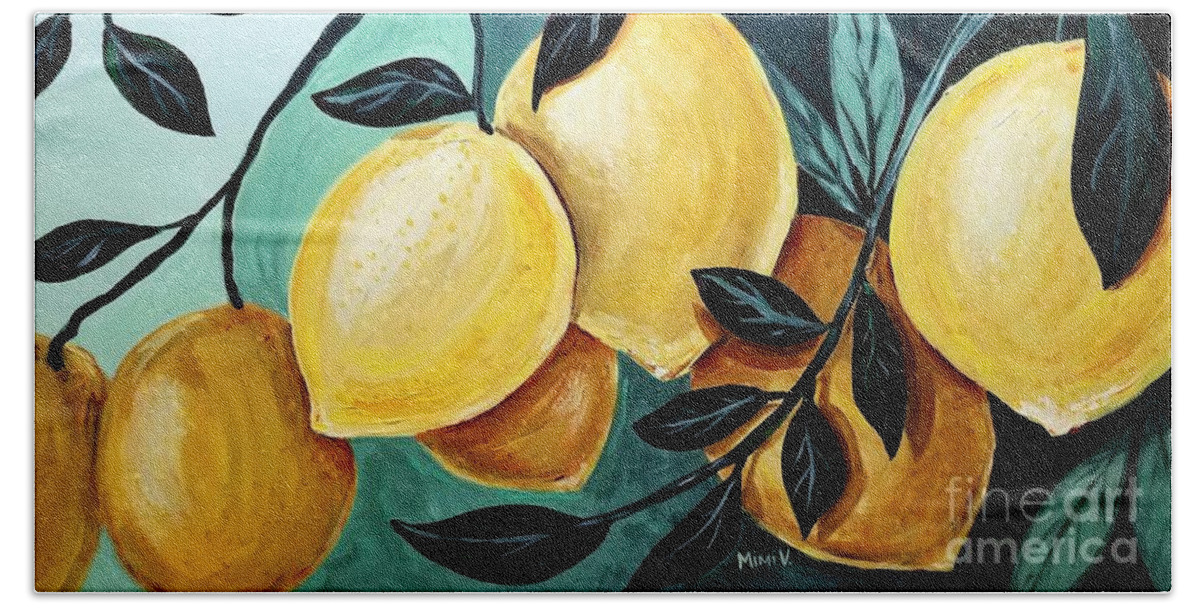 Lemons Beach Towel featuring the painting Lemons by Maria Langgle