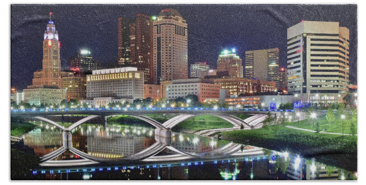 Columbus Beach Towel featuring the photograph Lengthy Columbus Nightscape by Frozen in Time Fine Art Photography