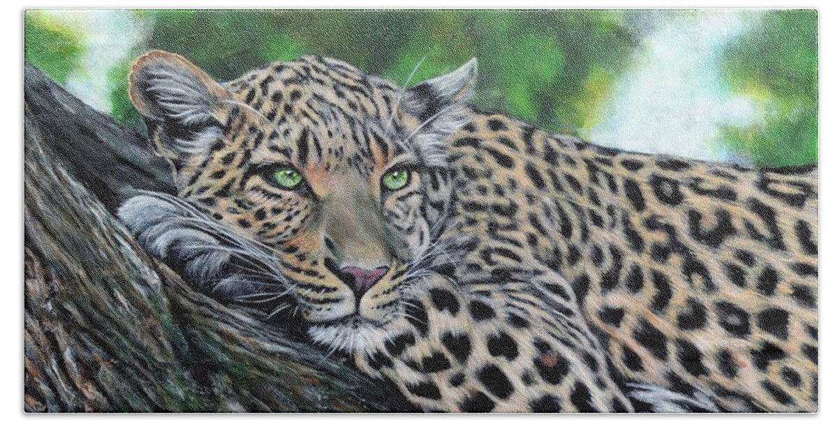 Leopard Beach Sheet featuring the painting Leopard on Branch by John Neeve