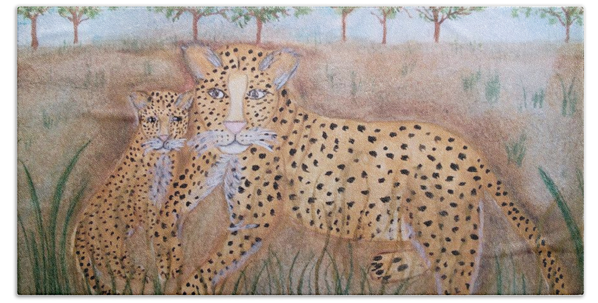 Whimsical Leopard With Cub Beach Towel featuring the painting Leopard with cub by Susan Nielsen