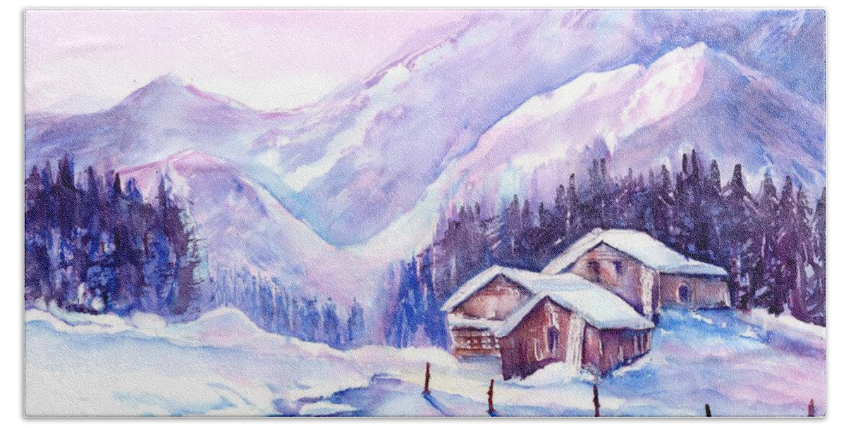 Swiss Mountains Watercolor Beach Towel featuring the painting Swiss Mountain cabins in snow by Sabina Von Arx