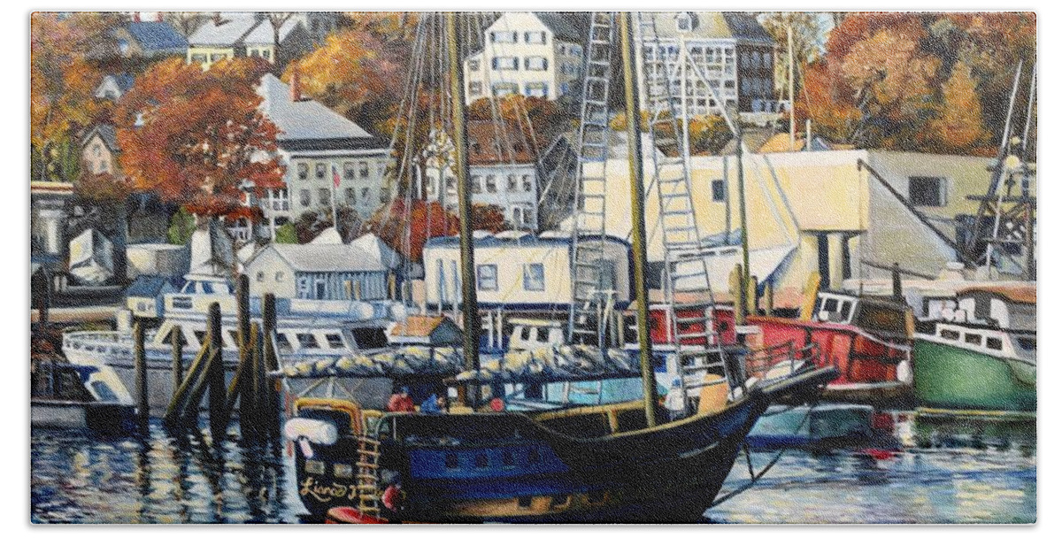 Gloucester Beach Towel featuring the painting Liana's Ransom in Gloucester Harbor by Eileen Patten Oliver
