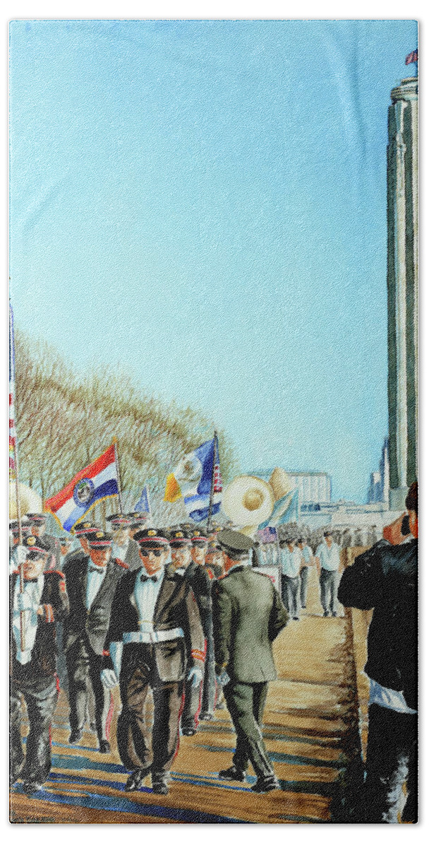 Liberty Memorial Beach Towel featuring the painting Liberty Memorial KC Veterans Day 2001 by Carolyn Coffey Wallace