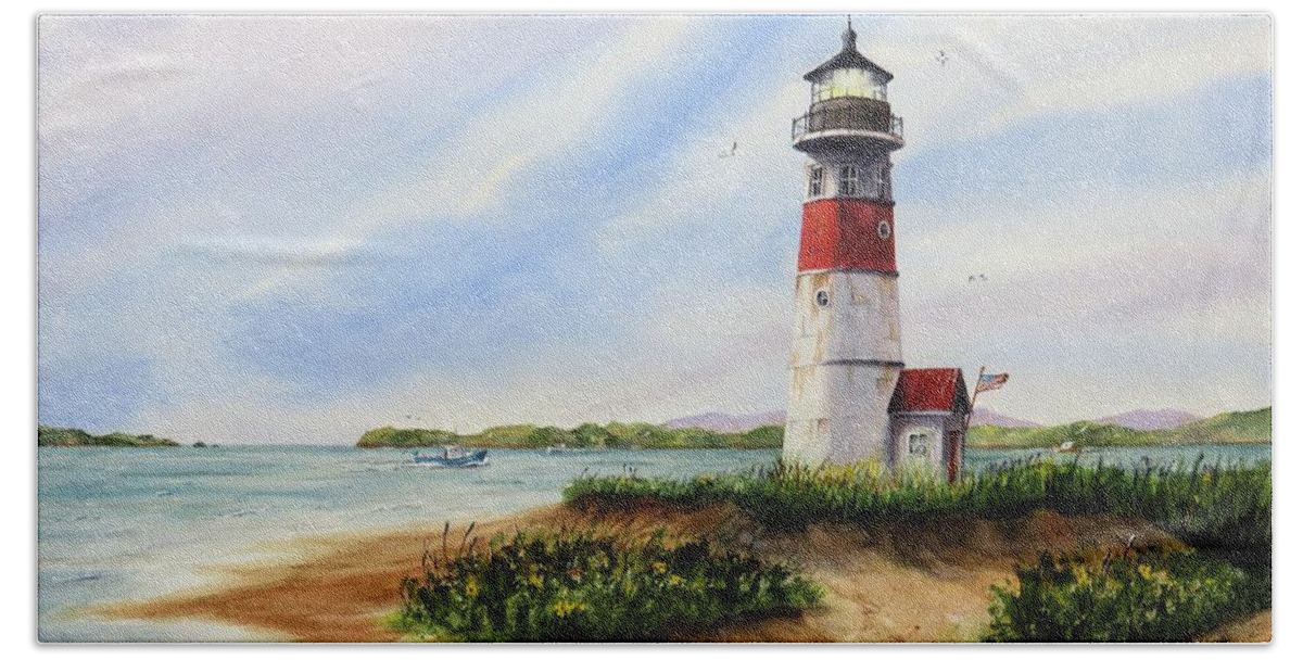 Lighthouse Beach Towel featuring the painting Light at the Inlet by Joseph Burger