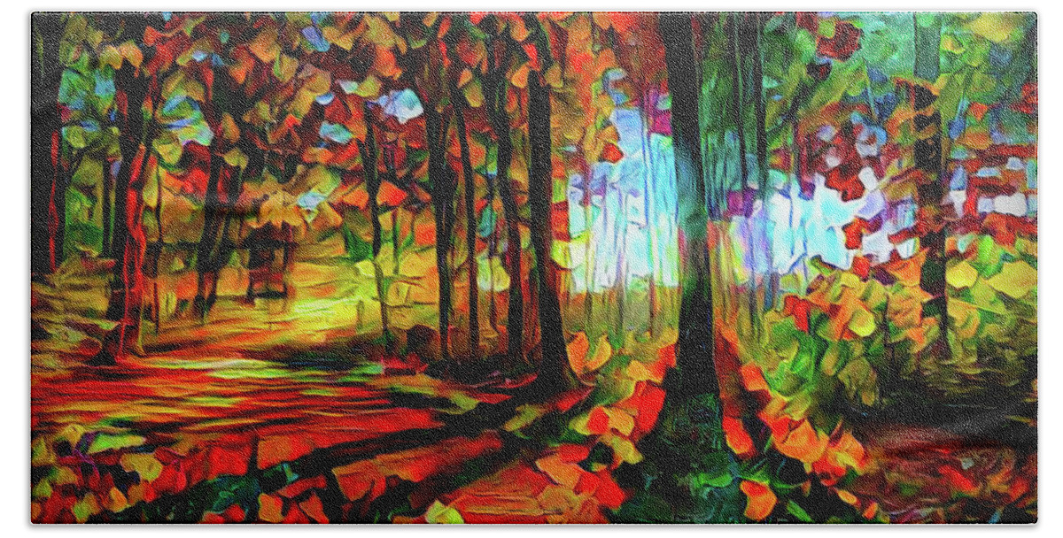 Light Through The Tree Beach Towel featuring the mixed media Light in the autumn woods by Lilia S