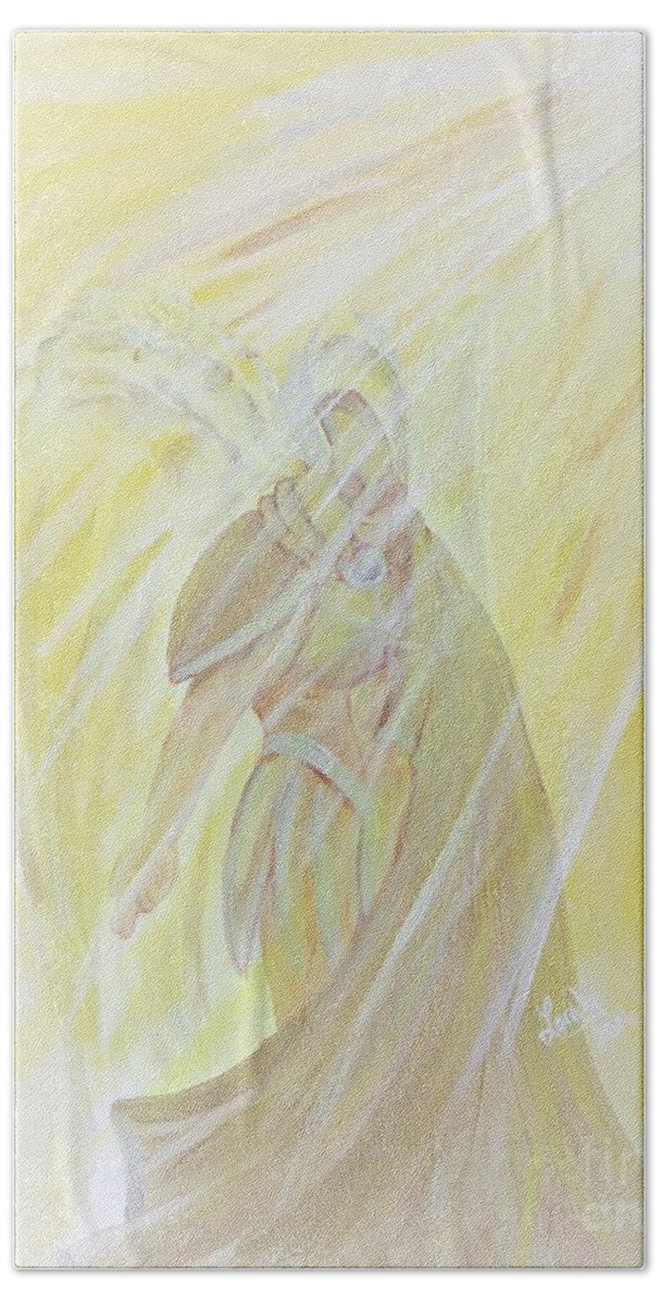 Archangel Uriel Beach Towel featuring the painting Light of God Surround Us by Lora Tout