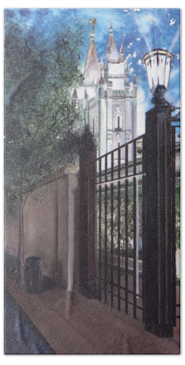 Lds Temple Beach Towel featuring the painting Light the World by Nila Jane Autry