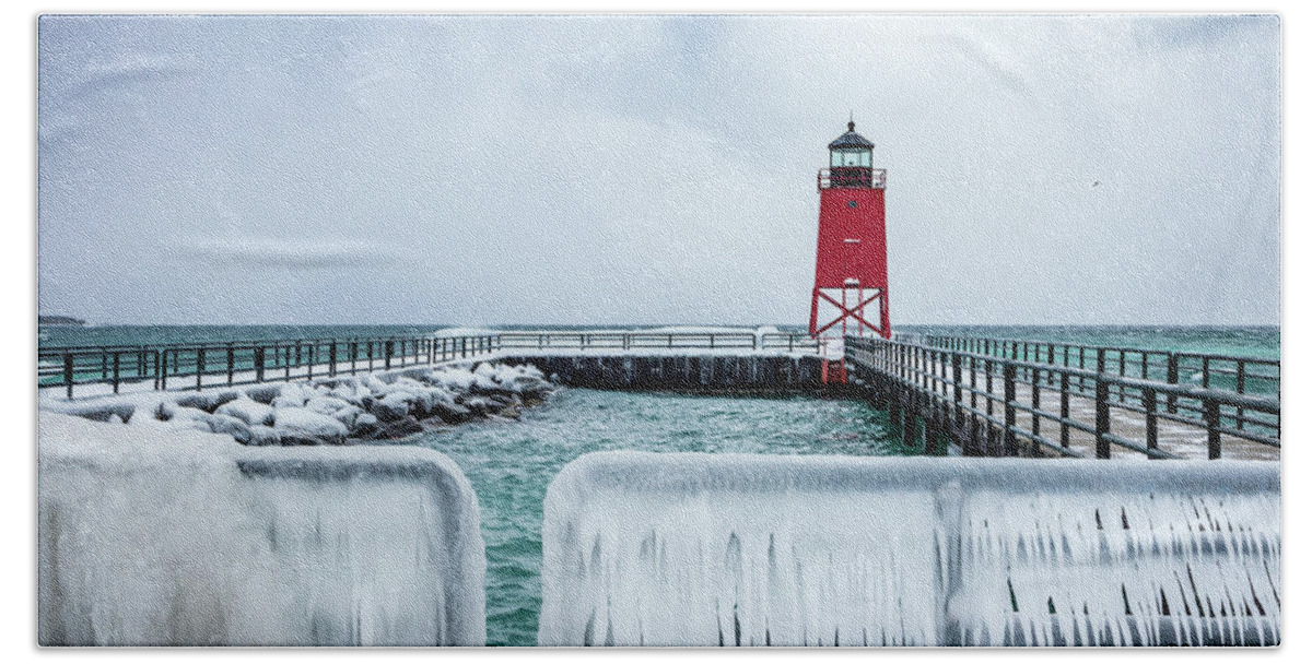  Beach Towel featuring the photograph Lighthouse and Ice by Framing Places