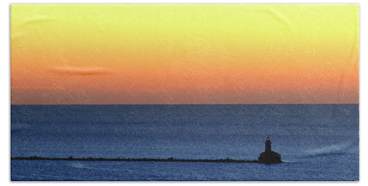 Lighthouse Beach Sheet featuring the photograph Lighthouse at Sunrise on Lake Michigan by Zawhaus Photography