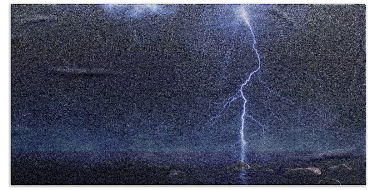 Lightning Beach Sheet featuring the photograph Lightning at Sea by Mark Taylor