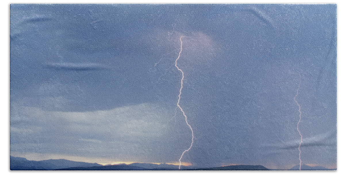 July Beach Towel featuring the photograph Lightning Striking At Sunset Rocky Mountain Foothills by James BO Insogna