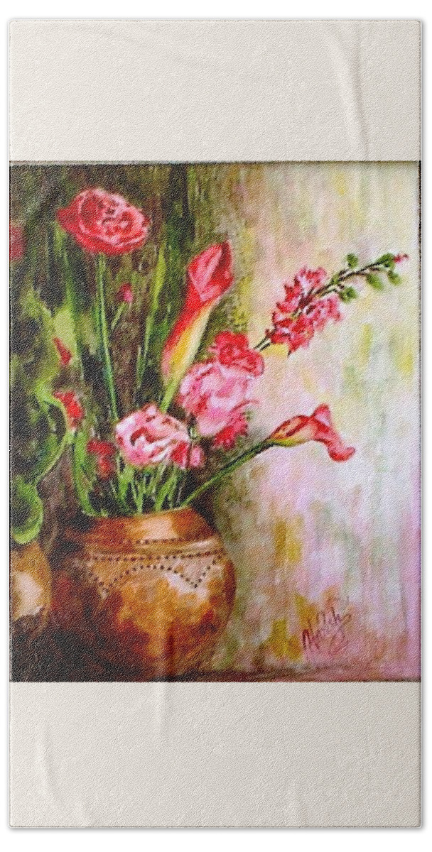 Pots Beach Sheet featuring the painting Lilies in the Pots by Harsh Malik