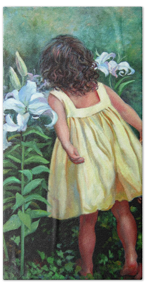 Child With Lily Beach Towel featuring the painting Lily Blessings by Marie Witte