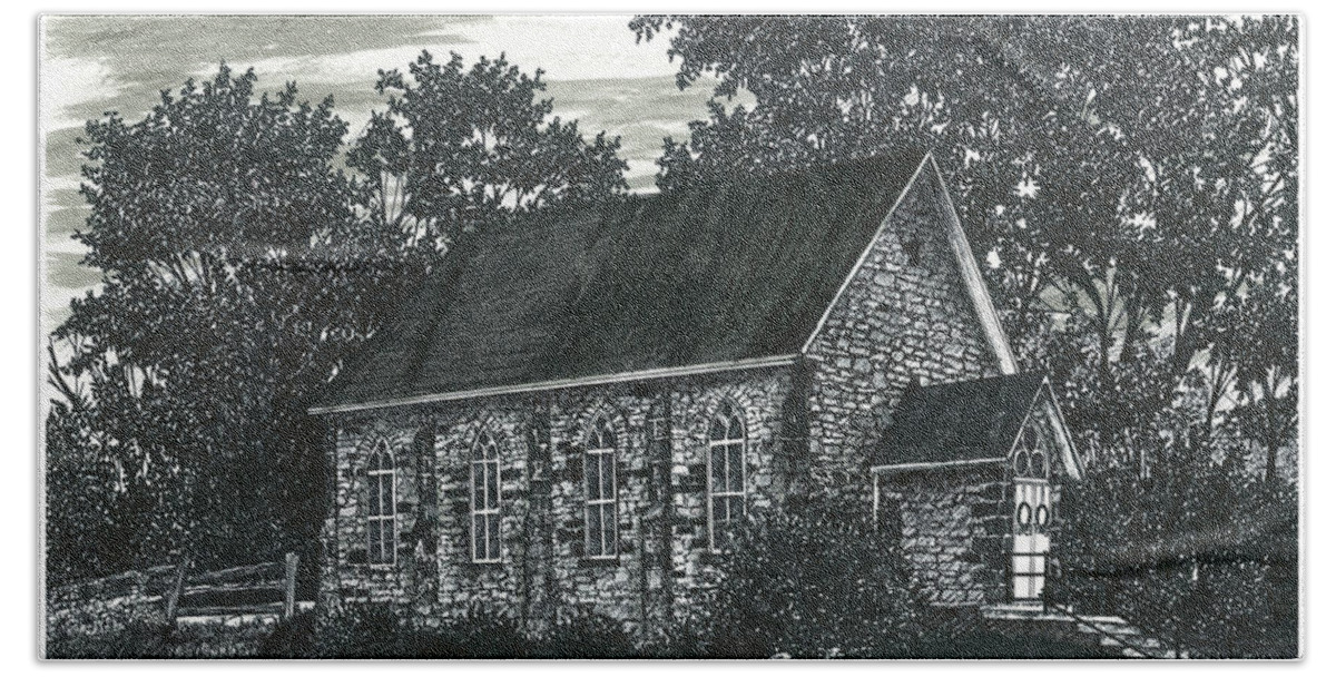 Ontario Farmhouse Beach Towel featuring the drawing Limehouse United Church, Limehouse, Ontario, Canada by Jonathan Baldock