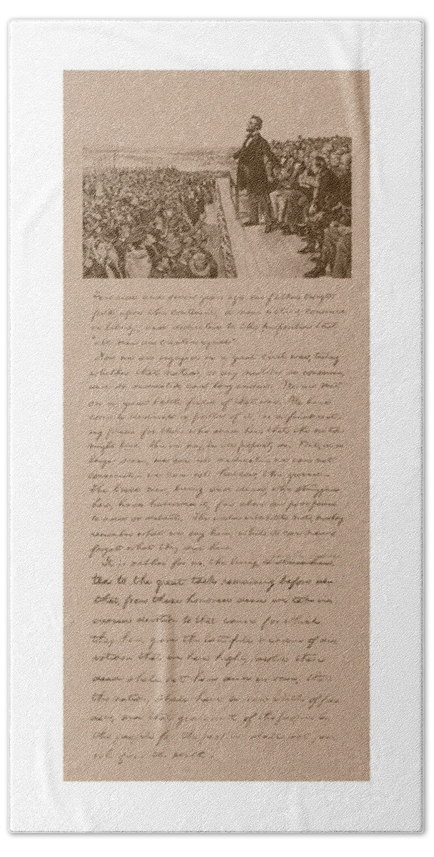 Abraham Lincoln Beach Towel featuring the mixed media Lincoln and The Gettysburg Address by War Is Hell Store