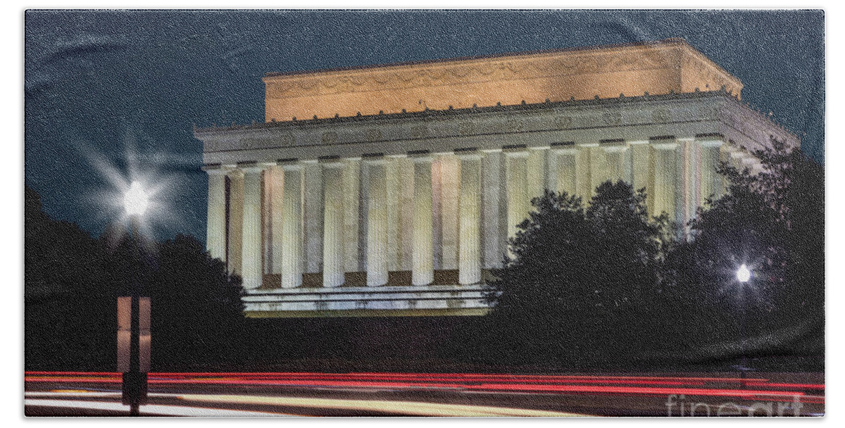 Architecture Beach Towel featuring the photograph Lincoln Memorial and Car Light Trails by Jerry Fornarotto