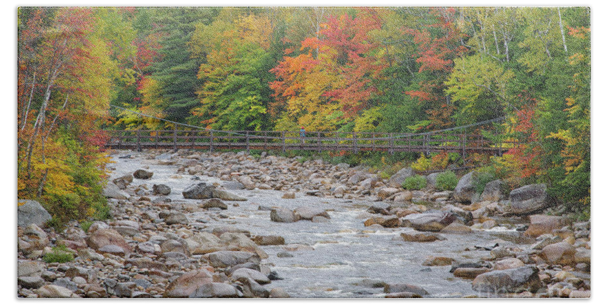  Autumn Beach Sheet featuring the photograph Lincoln Woods Suspension Bridge - Lincoln, New Hampshire by Erin Paul Donovan