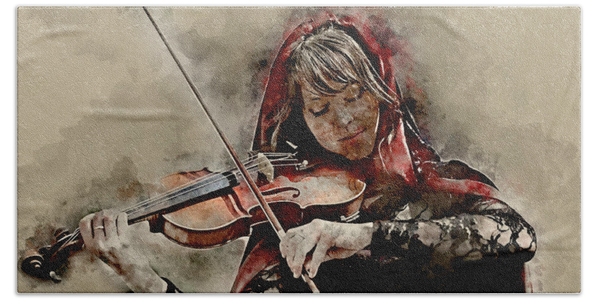 Lindsey Stirling Beach Towel featuring the mixed media Lindsey Stirling by Marvin Blaine