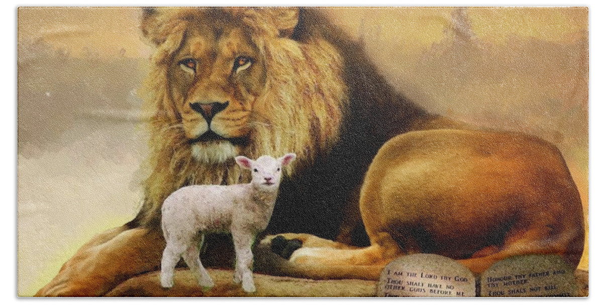 Lion And The Lamb Beach Towel featuring the mixed media Lion and the lamb by Carl Gouveia