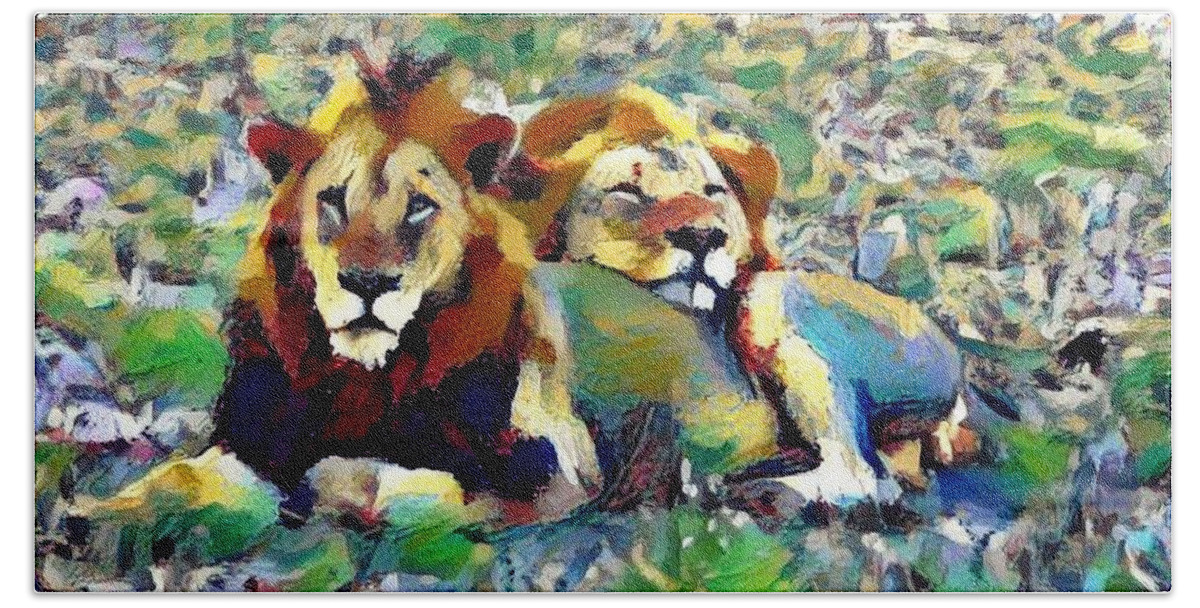 Lion Beach Towel featuring the photograph Lion buddies by Gini Moore