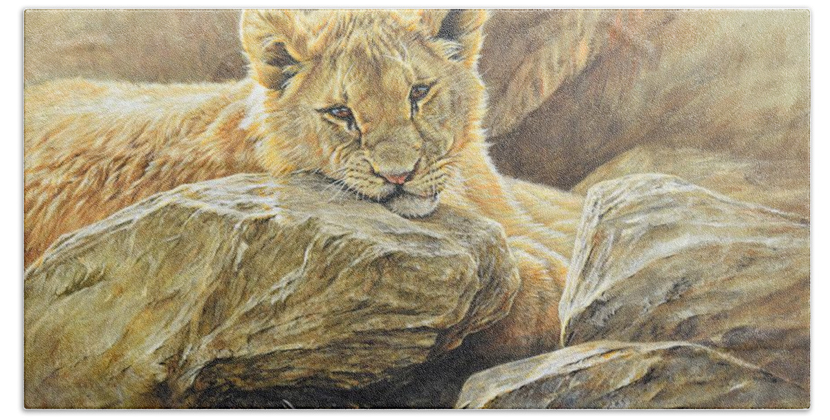 Wildlife Paintings Beach Towel featuring the painting Lion Cub Study by Alan M Hunt