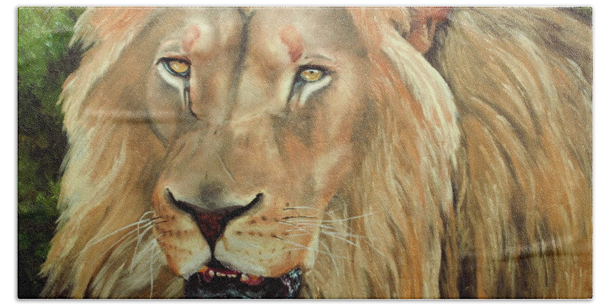 Oil Beach Sheet featuring the painting Lion Portrait by Nolan Clark