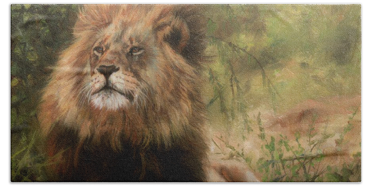 Lion Beach Sheet featuring the painting Lion resting by David Stribbling