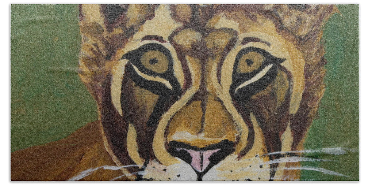 Animal Mugs Collection Beach Towel featuring the painting Lioness by Annette M Stevenson