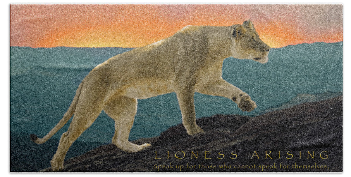 Lioness Arising Beach Towel featuring the photograph Lioness Arising by Constance Woods