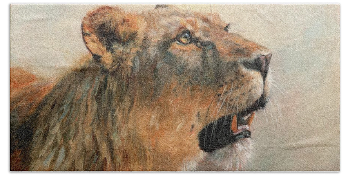 Lioness Beach Sheet featuring the painting Lioness Portrait 2 by David Stribbling