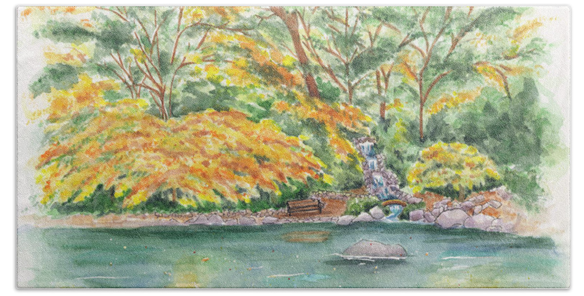 Lithia Park Beach Towel featuring the painting Lithia Park Reflections by Lori Taylor