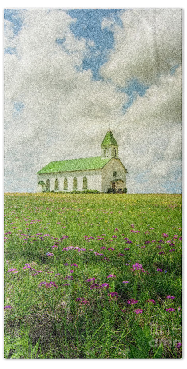 Church Beach Towel featuring the photograph Little Church On Hill Of Wildflowers by Robert Frederick