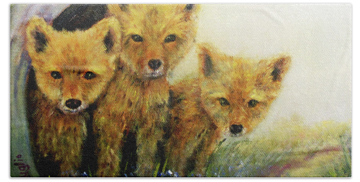Wildlife Beach Towel featuring the painting Little Foxes by Loretta Luglio